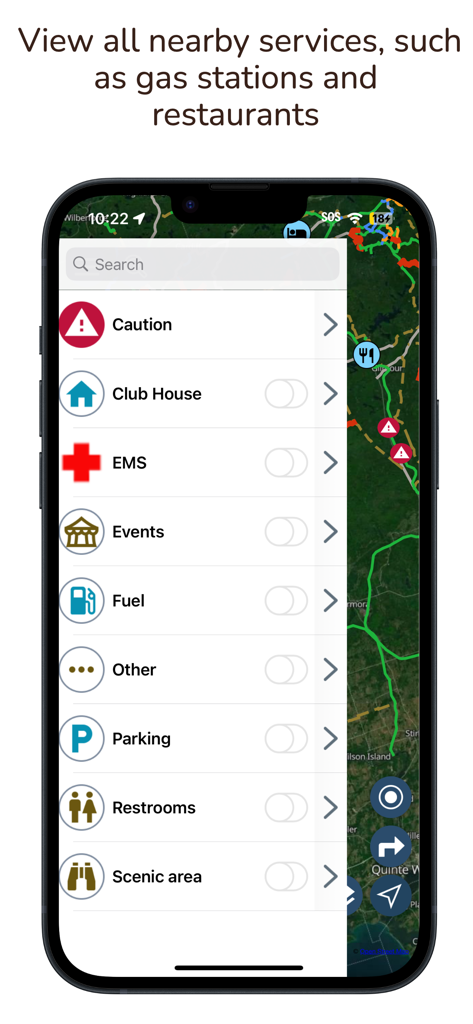 QuadON app interface displaying a list of nearby trail services including fuel, parking, and restaurants over an interactive map.