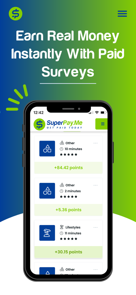 A mobile app interface displaying a list of available paid surveys with their point rewards and completion times