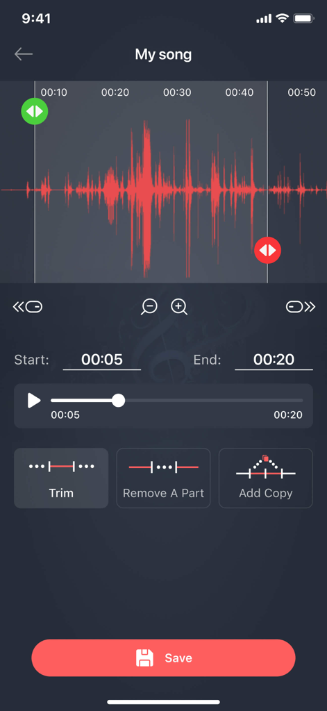 Mobile app interface showing a music waveform with options to trim or remove parts of an audio file