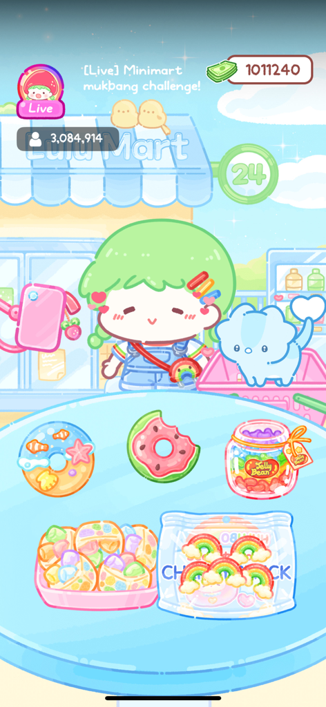 Lulu character hosting a live mukbang stream with cute snacks