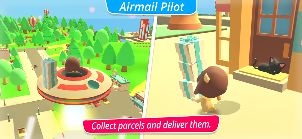 McPanda: Super Pilot Kids Game - Gameplay showing an airmail pilot character delivering stacked parcels in the McPanda Super Pilot game.