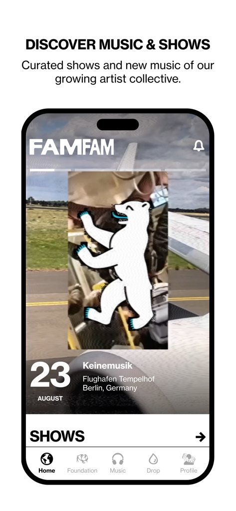 FAMFAM app screen showing curated music shows and artist events