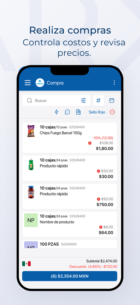 SICAR X Point of Sale - Interfaz de la aplicación SICAR X POS para gestionar compras y costos de inventario en dispositivos móviles.
