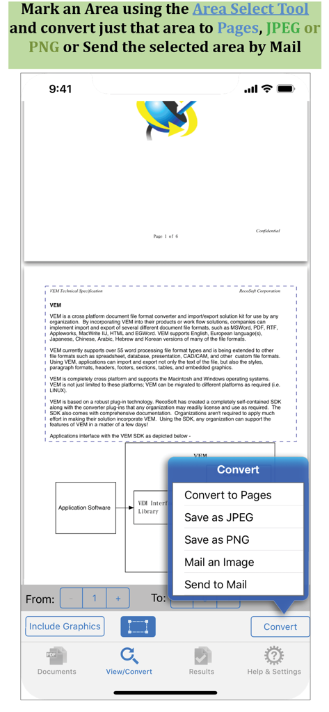 PDF to Pagesアプリのスクリーンショット。ドキュメントの特定の部分を変換するための領域選択ツールが表示されています。