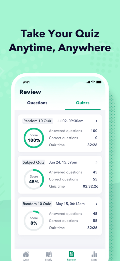 Mobile app screen showing a history of completed CompTIA CySA plus practice quizzes with scores and time spent