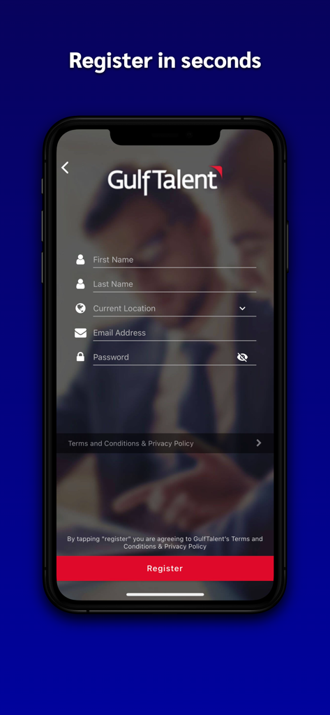 Registration screen of the GulfTalent job search app featuring a simple sign up form with fields for name location and email