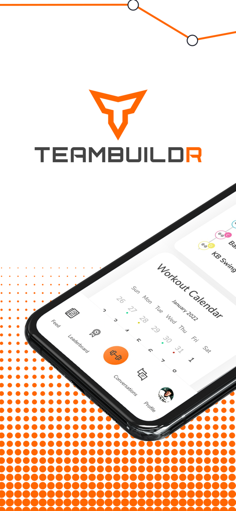 TeamBuildr Training app interface showing the workout calendar and navigation menu on a smartphone