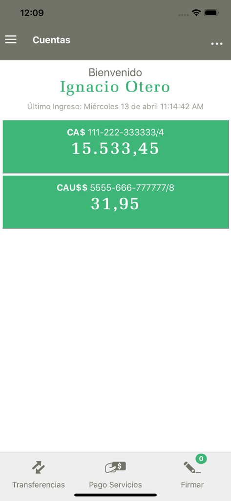Interfaz de la aplicación móvil Credicoop Móvil Empresas que muestra los saldos de las cuentas bancarias en pesos argentinos y dólares estadounidenses.