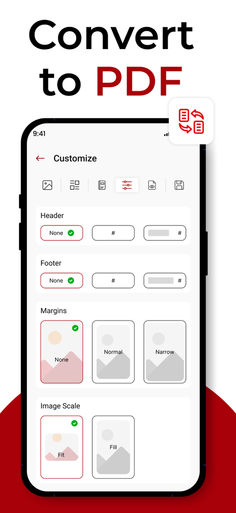 사진을 PDF 앱에서 머리글, 바닥글, 여백 및 이미지 크기 조정에 대한 사용자 지정 옵션을 보여주는 인터페이스.