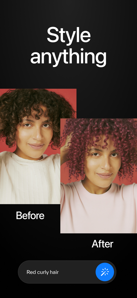 Wand - AI canvas - Before and after comparison of a woman's hair color changing from brown to red curly hair using Wand AI canvas