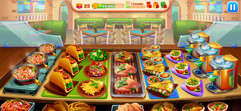 Food Voyage: Fun Cooking Game - タコス、グリル肉、カクテルが並ぶメキシコ料理店のキッチンを示すFood Voyageのゲームプレイ画面