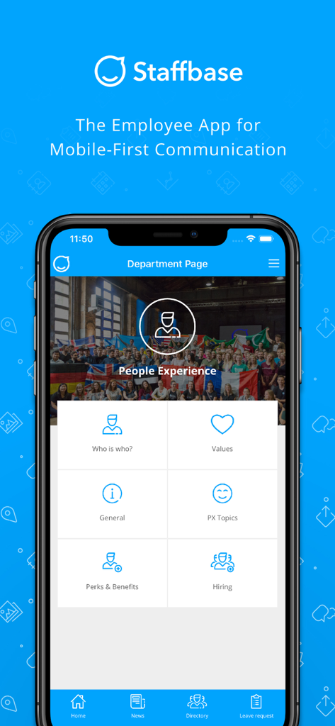 Staffbase Employee App - Panel móvil de la App de Empleados Staffbase mostrando noticias y recursos del departamento