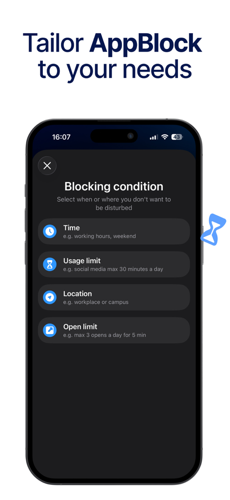 AppBlock screen showing blocking options based on time, usage limits, location, and open limits