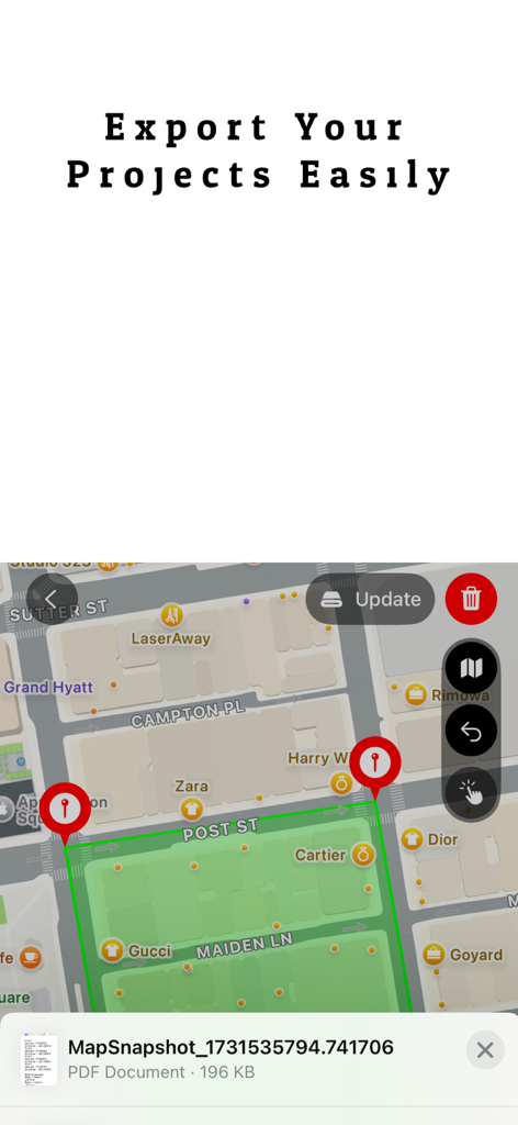 Area Measure app showing a map selection exported as a PDF document