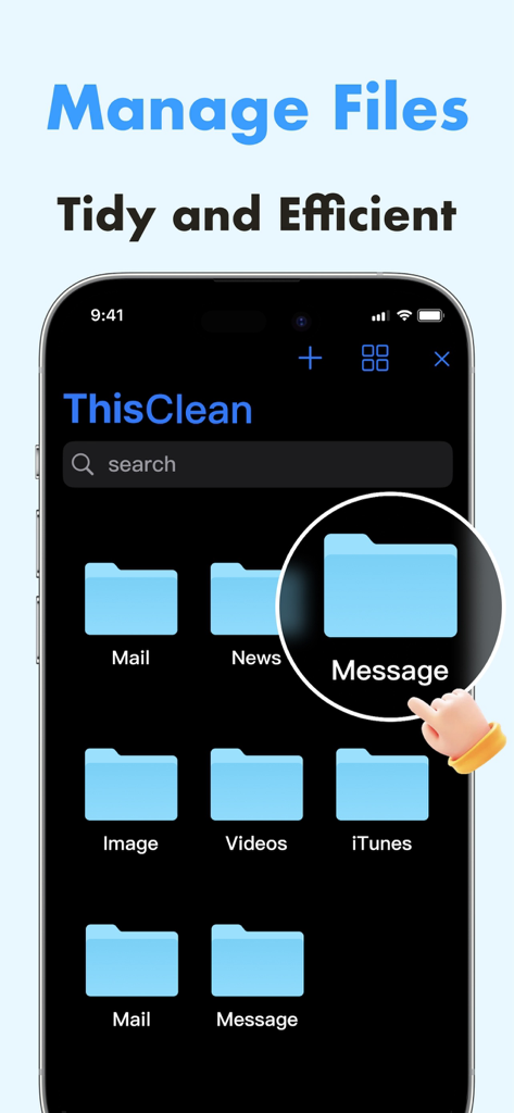 Smartphone screen displaying organized folders for messages and media in Memory Master cleanup app