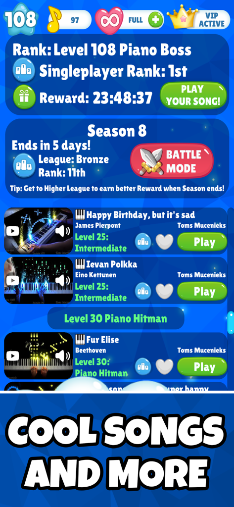 Piano Ninja: Music Game - Main menu of the Piano Ninja music game featuring a song list and player status.