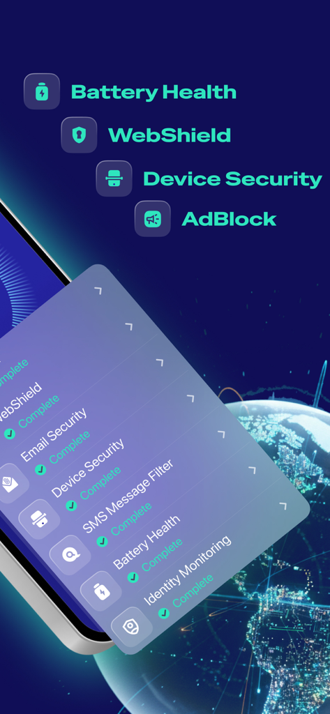 Dashboard of Apex app showing security status for WebShield AdBlock and Battery Health