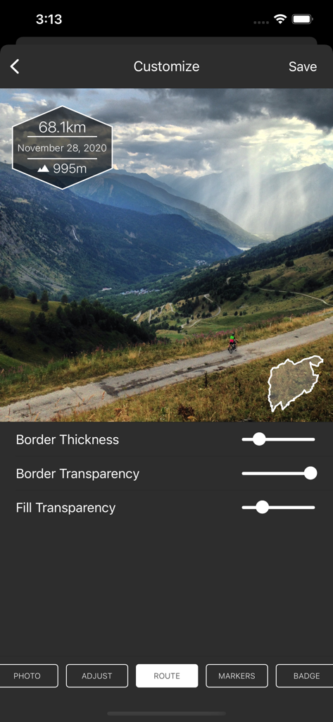 Velographic app customization screen showing a cycling photo with GPS data and route overlay