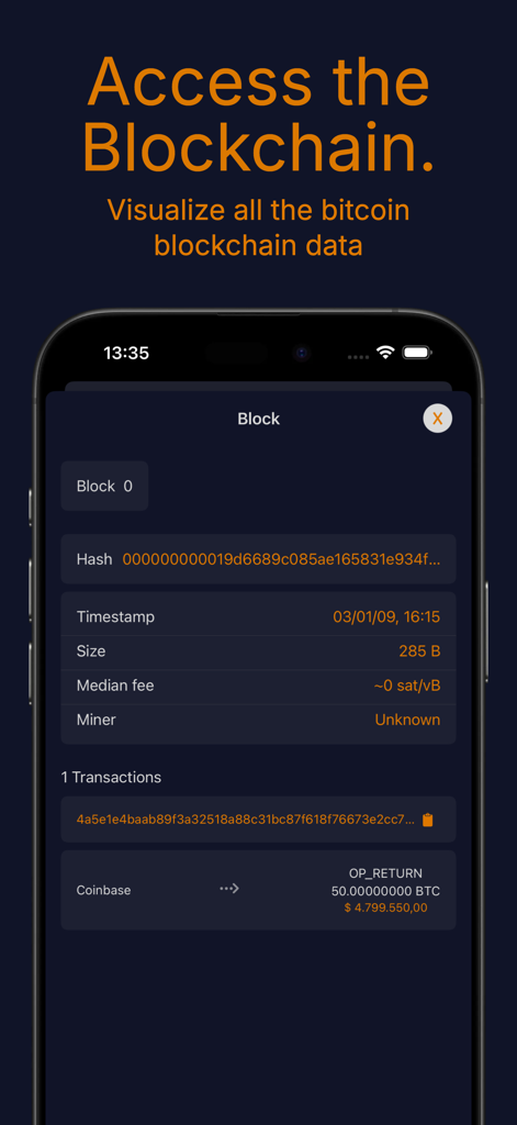 Bitcoin Blockchain Explorer - Uno schermo dell'app mobile che mostra dati dettagliati per un specifico blocco di Bitcoin, incluso l'hash e il timestamp