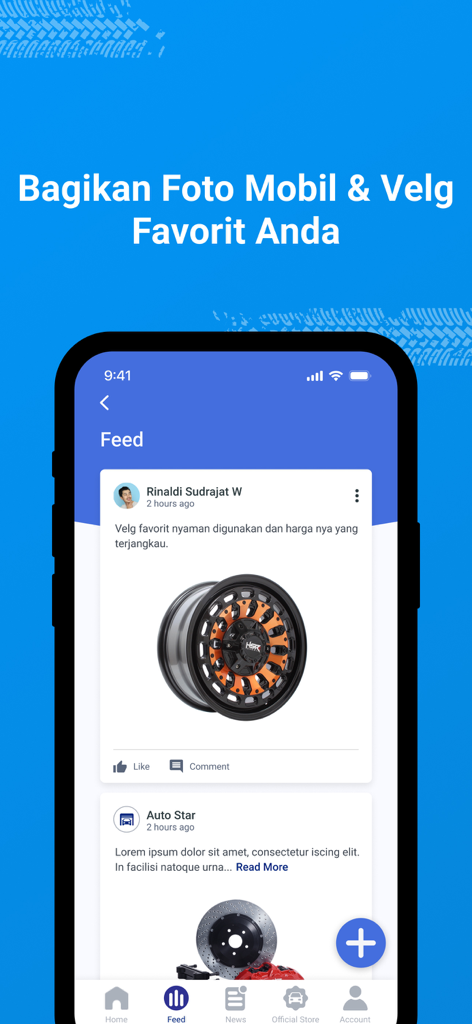 HSR Wheel - Screenshot of the HSR Wheel mobile app social feed where users share photos of custom car rims