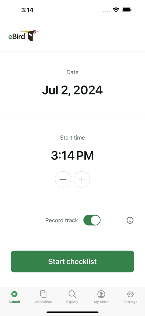 eBird - eBird モバイルアプリのインターフェイスで、日付と時刻の選択を含む新しいバードウォッチングチェックリストを開始します