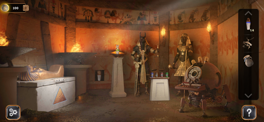 Time Travel: Escape Game - Gameplay screenshot of Time Travel Escape Game showing an Ancient Egyptian tomb level with puzzles and a time machine