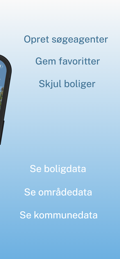Boliga - Boliga app screen listing search agents favorites and property data features in Danish