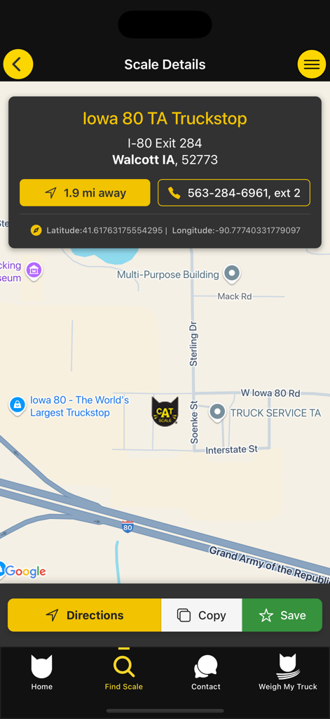 CAT Scale Locator - Tela mostrando informações detalhadas e mapa para uma CAT Scale no Iowa 80 TA Truckstop