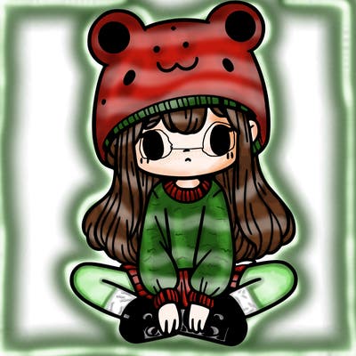 a girl wearing a frog hat and some frog socks
