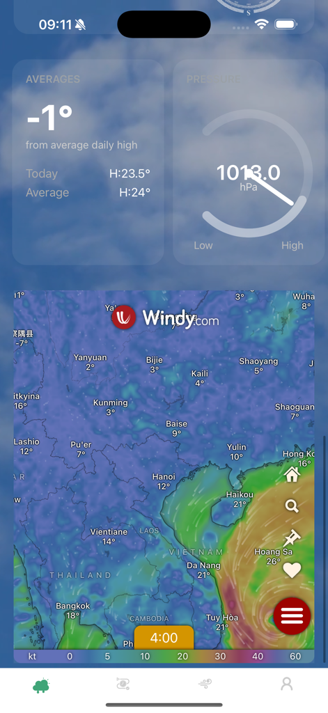Weather 24/7 Weather360 - Interface of Weather 24/7 Weather360 app showing temperature averages, air pressure gauge, and a regional windy weather map.