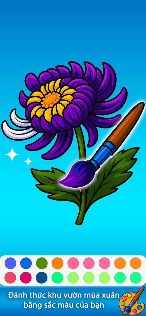 Creative Colors -Color & Relax - Digital coloring of a purple flower using a paintbrush tool and a vibrant color palette in the Creative Colors app.