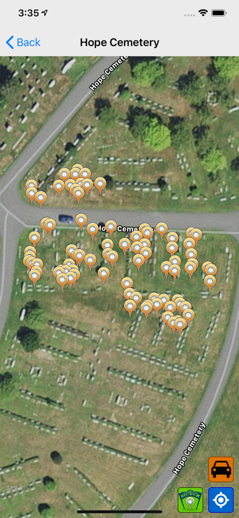 BillionGraves - Satellite map view of Hope Cemetery with orange GPS markers on headstones in the BillionGraves app