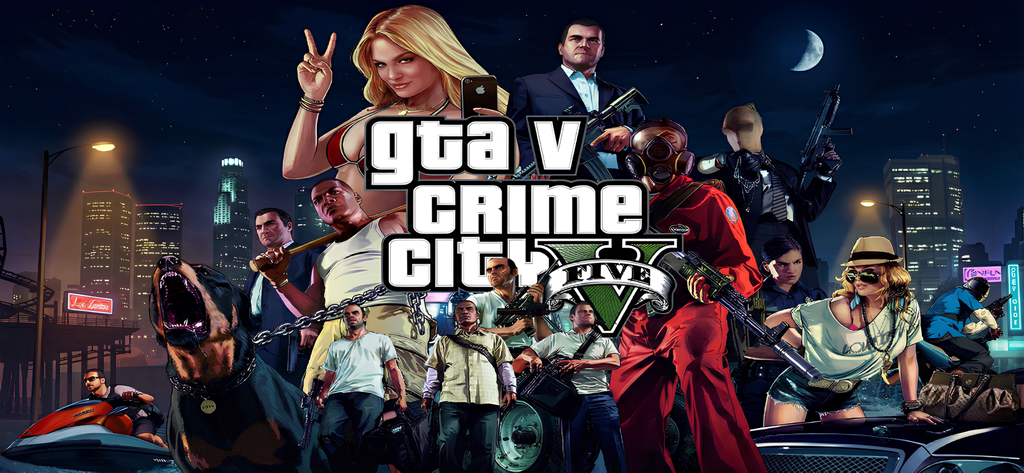 GTA V Mobile : Crime City MODS - Action artwork for GTA V Mobile Crime City MODS showing characters and city skyline