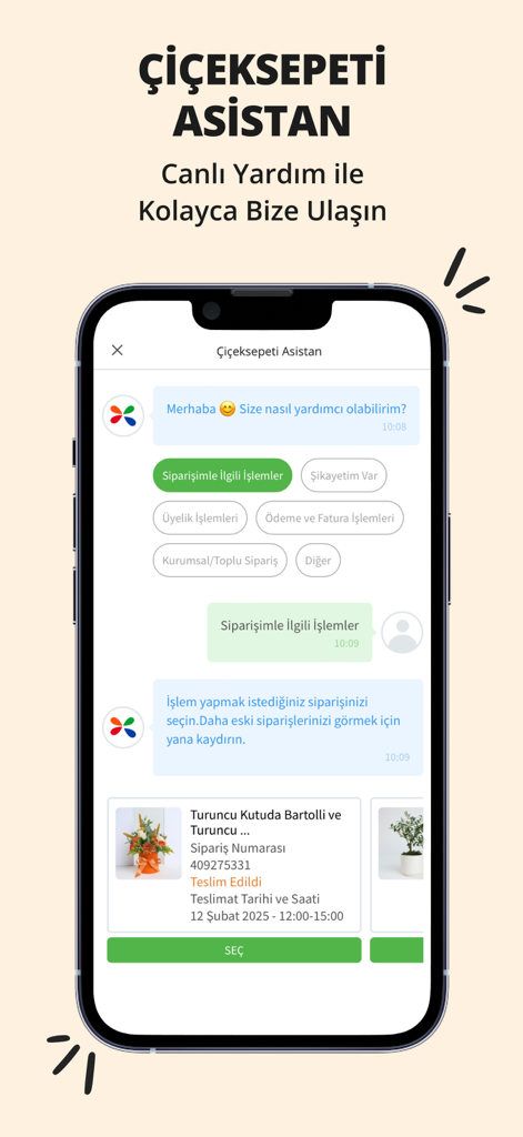 Mobile app screen showing Ciceksepeti Assistant chatbot for customer support and order tracking