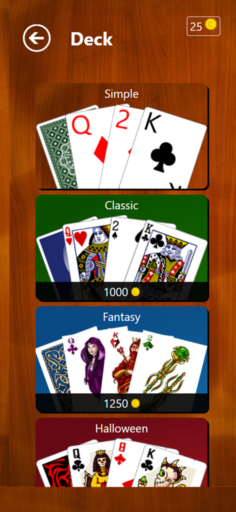 Pantalla de selección de barajas en Speed el Juego de Cartas con aspectos de cartas como Clásica Simple, Fantasía y Halloween