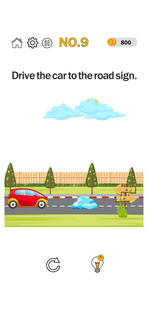 Brain Test Tricky Puzzle Game - A screen from Brain Test showing a red car on a road with the puzzle instruction to drive the car to the road sign