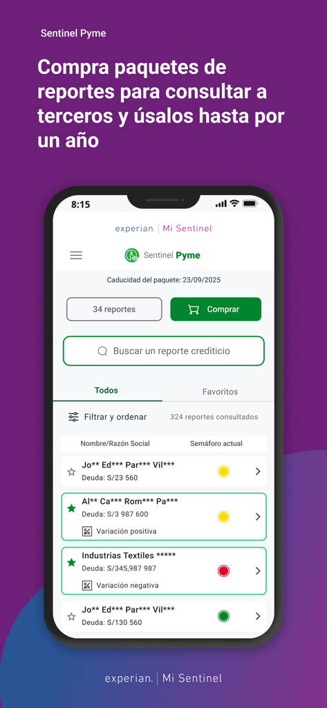 Panel móvil que muestra consultas de reportes de crédito para empresas e individuos en la aplicación Mi Sentinel