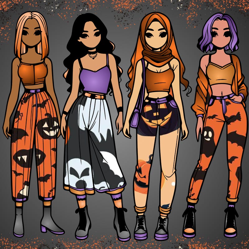 four girls with fashionable clothes standing next to each other