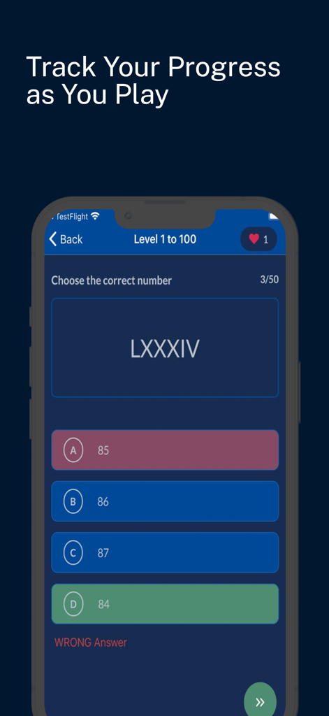 Roman Numerals Quiz: 1 to 1000 - Una captura de pantalla de la aplicación Cuestionario de Números Romanos que muestra una pregunta de opción múltiple y el seguimiento del progreso a través de los niveles