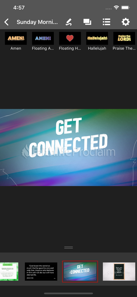 Proclaim Remote - Interfaz de la aplicación Proclaim Remote mostrando una diapositiva de presentación con el texto Get Connected y controles de temática religiosa