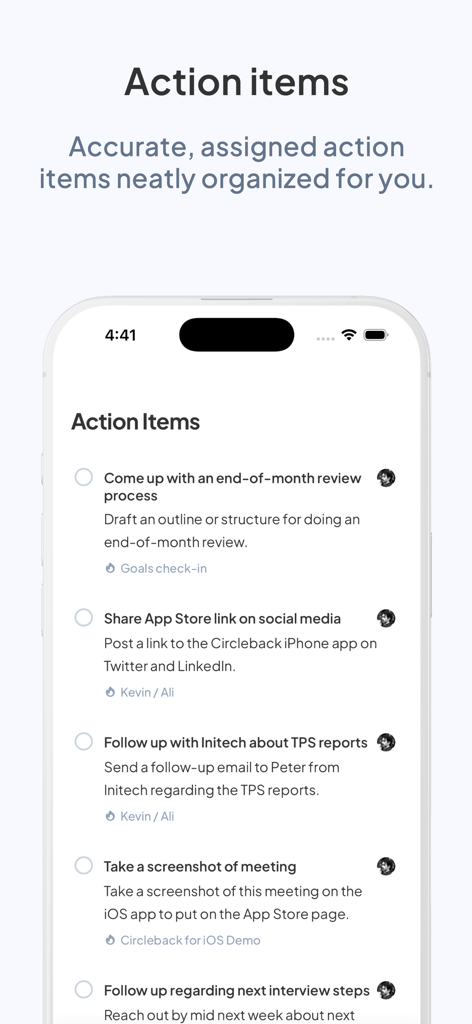 Circleback - AI Meeting Notes - Circleback AI app interface showing a list of organized and assigned action items from a meeting
