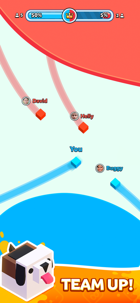 Gameplay de Paper.io 2 montrant plusieurs joueurs en compétition pour capturer du territoire en mode équipe.