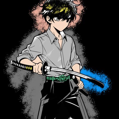 manga guy wearing dress pants and a button up shirt holding a samurai sword