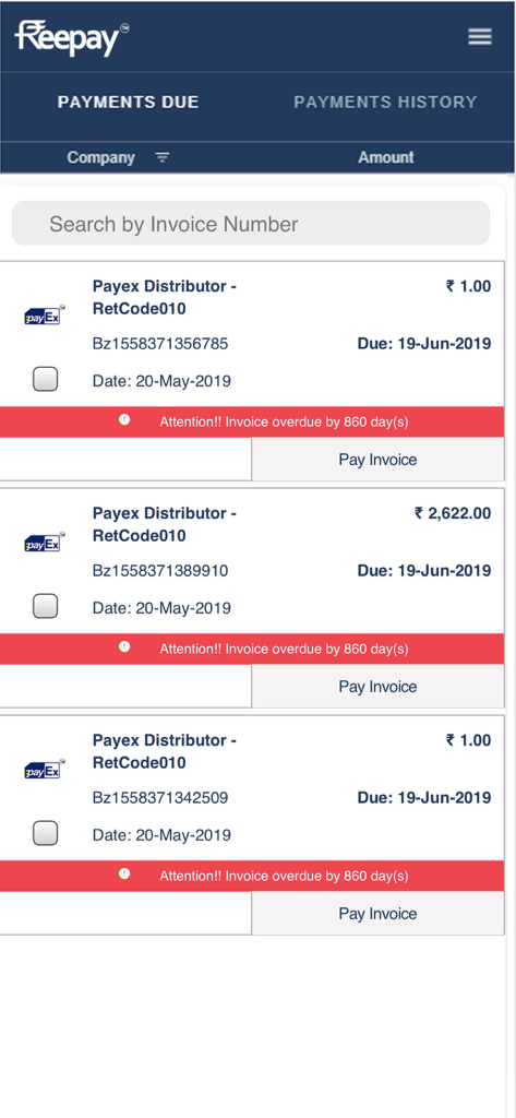 FreePay App-Oberfläche, die eine Liste ausstehender und überfälliger Geschäftsinvoices mit Zahlungsoptionen anzeigt.