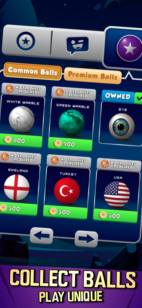 SkeeBoost ball selection screen showing different skins like marble patterns and country flags