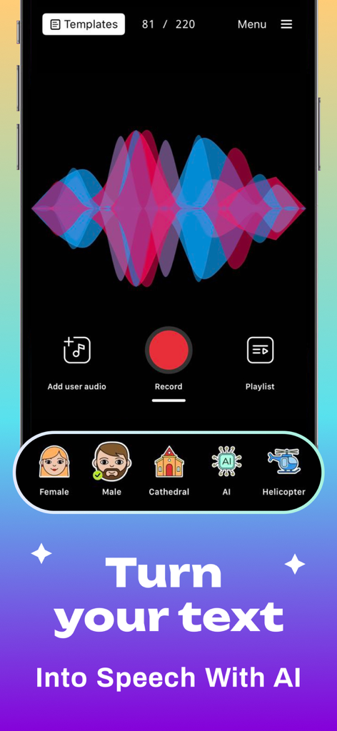 Mobile app interface of Auto Voice Tune showing a colorful sound waveform and AI voice transformation options.