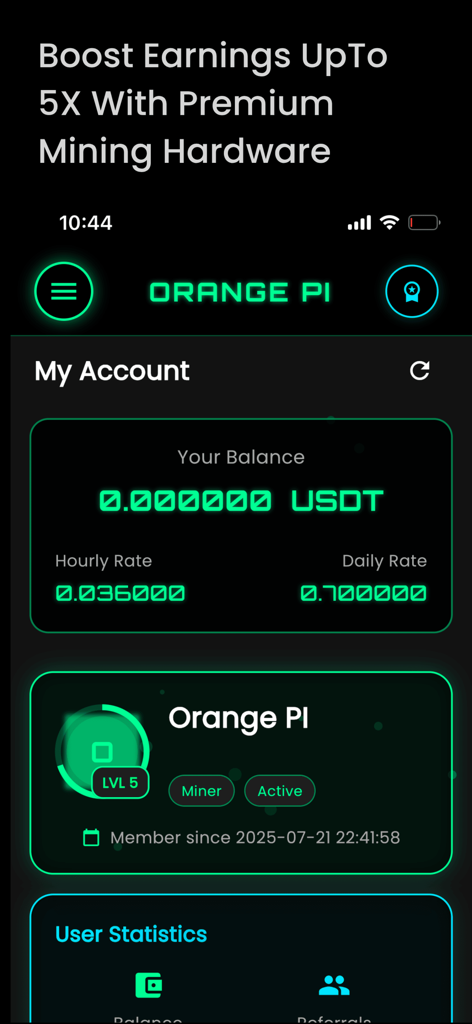 Una pantalla de aplicación móvil para Minería de USDT que muestra el saldo de la cuenta, las tasas diarias y el estado del minero activo en una interfaz de neón oscuro