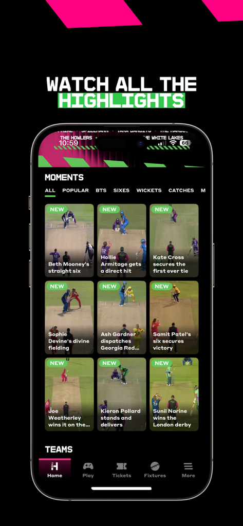 The Hundred - The Hundred app screen showing cricket match highlights and video moments