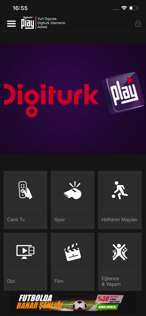 Digiturk Play Yurt Disi mobile app main menu showing Turkish live TV and sports categories