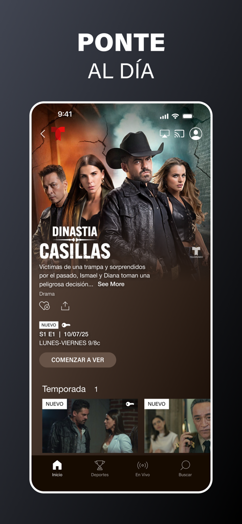 Telemundo: Series y TV en vivo - Oberfläche der Telemundo-App, die die Serienseiter Dinastia Casillas mit einem Wiedergabebutton und einer Episodenliste anzeigt
